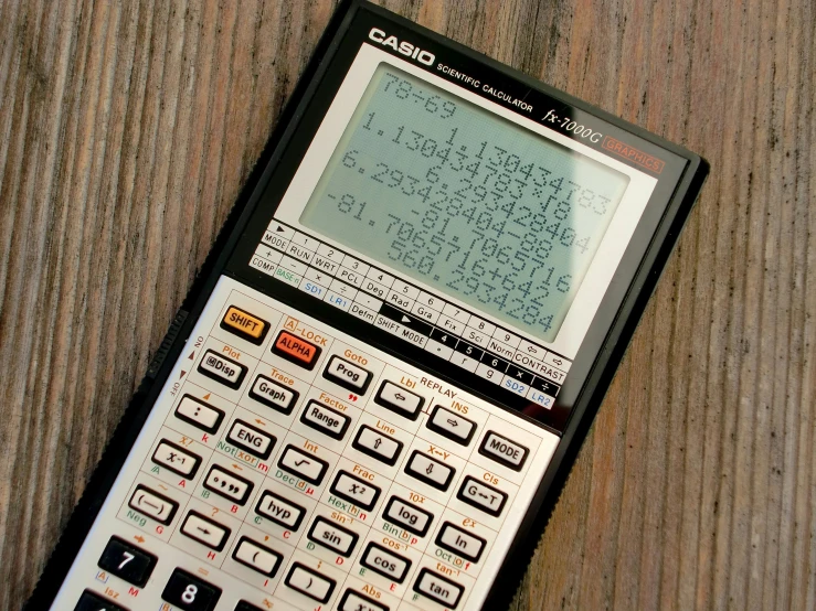 a calculator sitting on a wooden surface