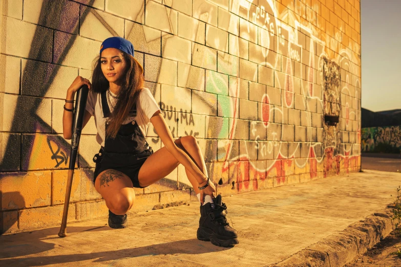 a woman in short shorts and bandana, holding a skateboard