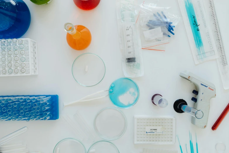 a lab table full of various types of items