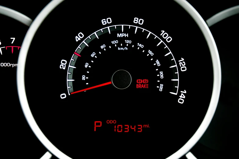 a closeup image of a car dashboard with the needle pointing right