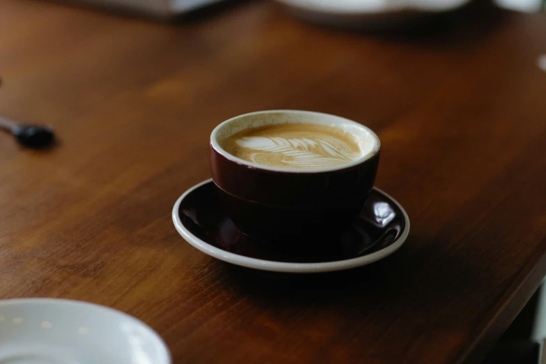 a cappuccino and saucer on a wooden table