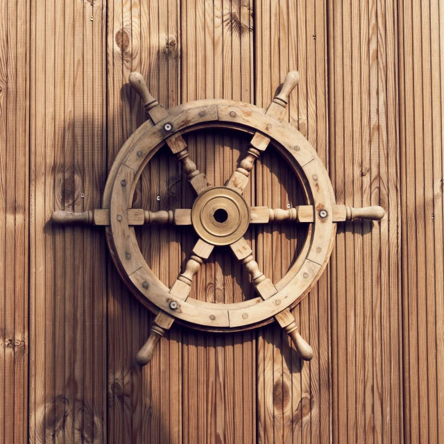 a wooden steering wheel is attached to the wall
