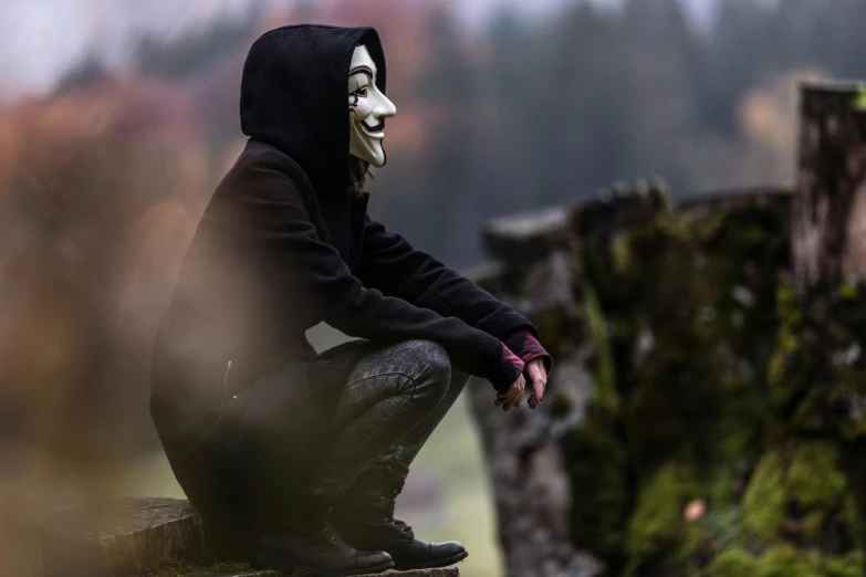 a person sitting on a log wearing a mask