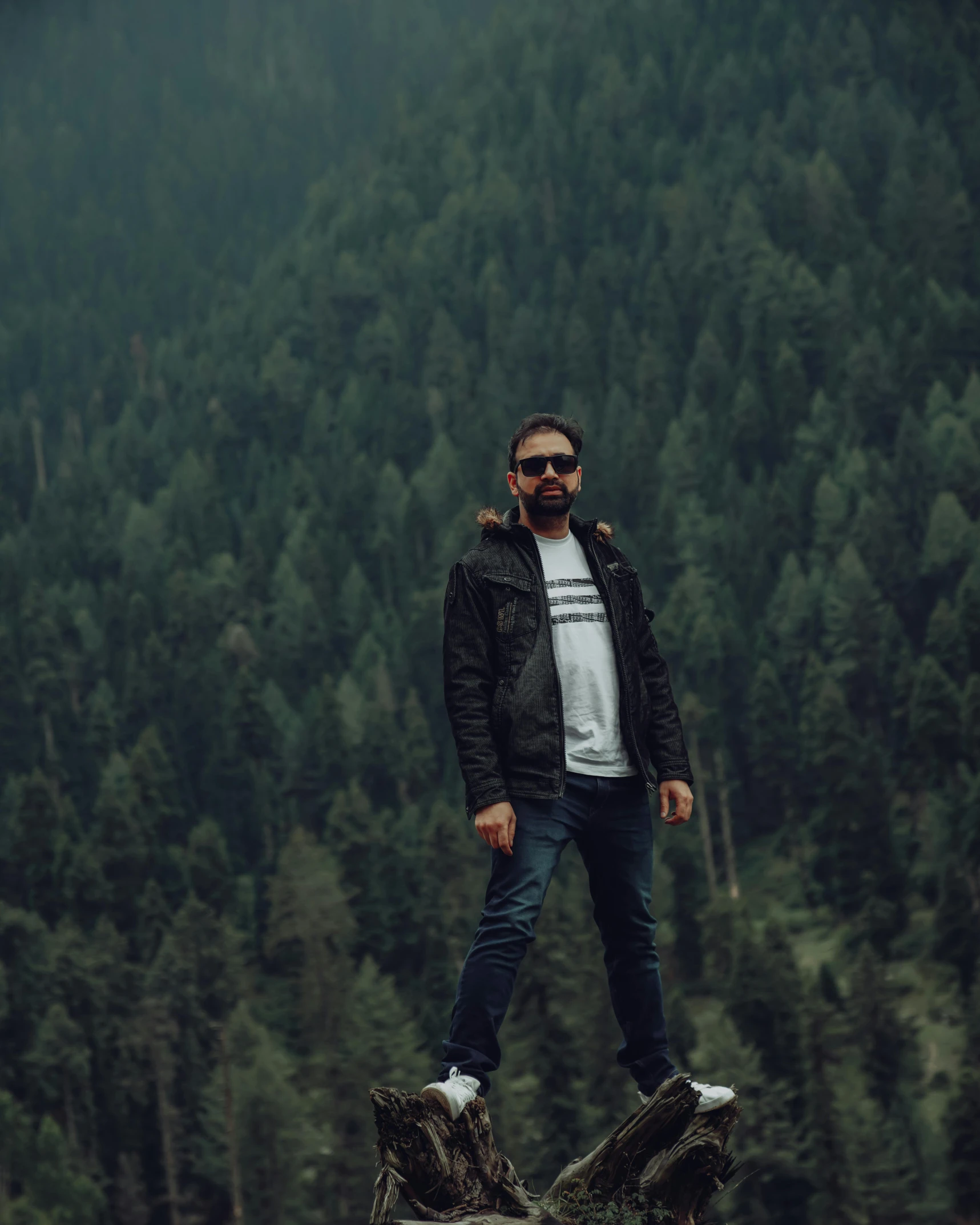a man wearing glasses stands on a rock near a forest