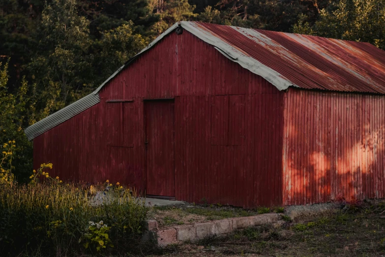 an old, dilapidated red barn is surrounded by trees