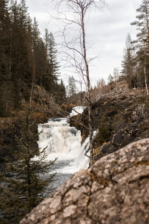 a waterfall surrounded by some rocks and trees