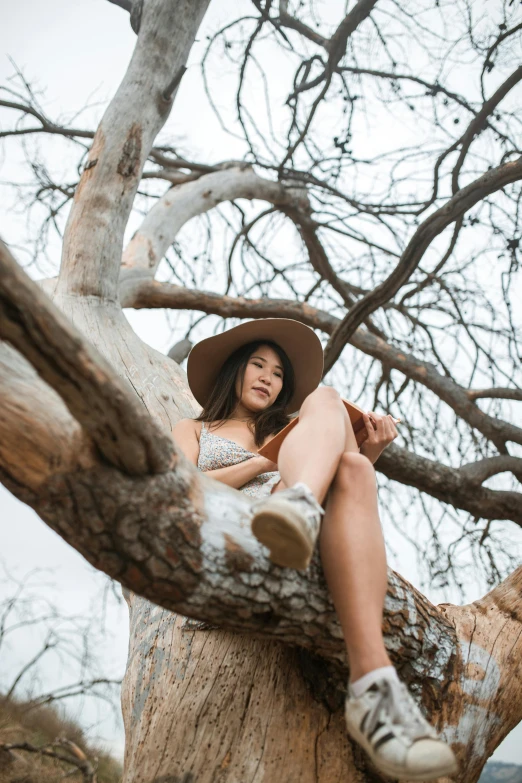 a girl wearing a hat sitting in the nches of a tree