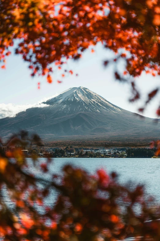 a mountain that has snow on it near the water