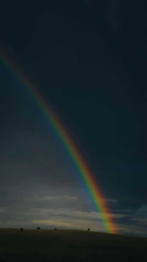 a rainbow in the dark sky with green grass