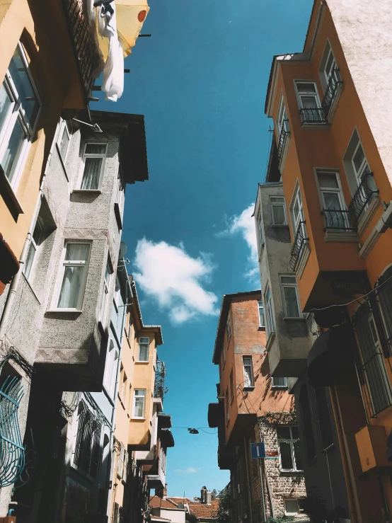 a narrow city street with tall buildings