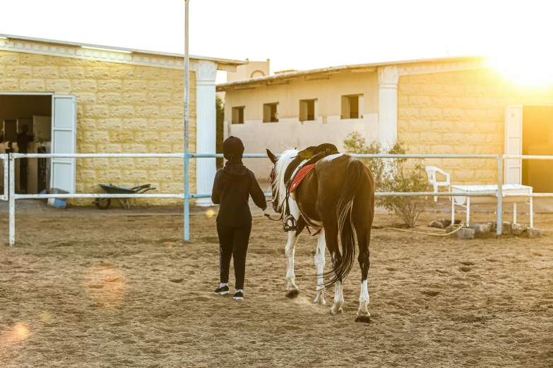 a woman leading a horse in a pen