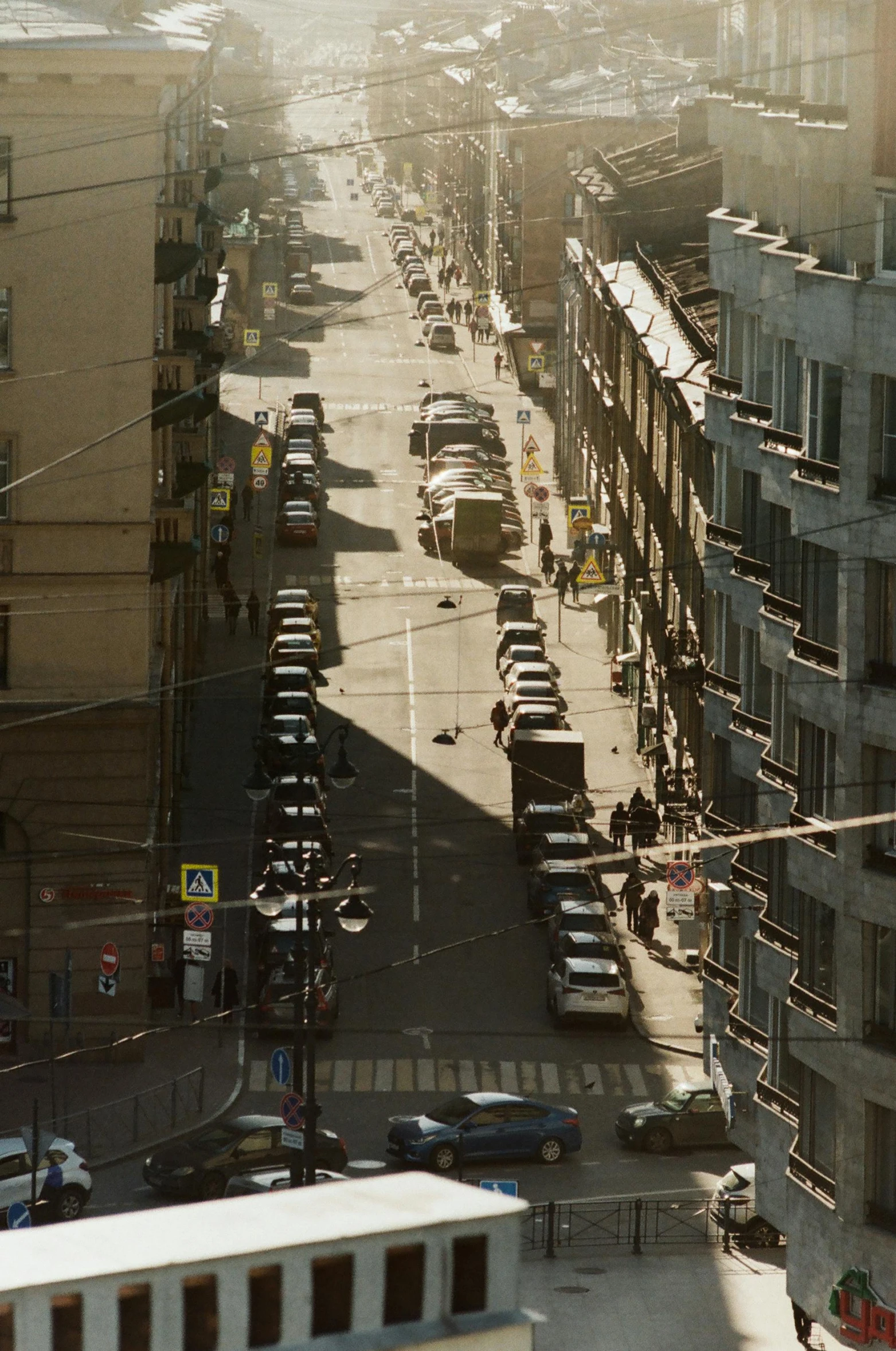 the top of buildings overlooking a busy city street