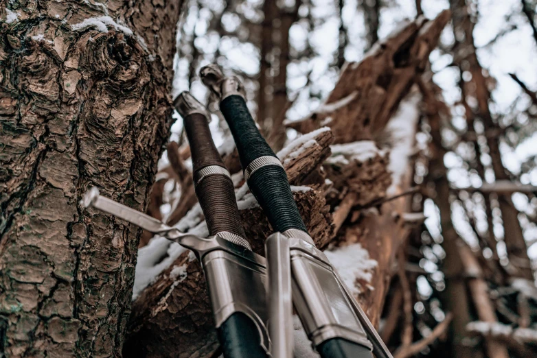 a gun hanging up from the side of a tree