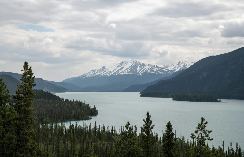 view of lake with trees and mountains in background