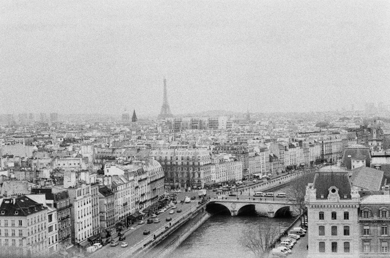 a cityscape is depicted in black and white