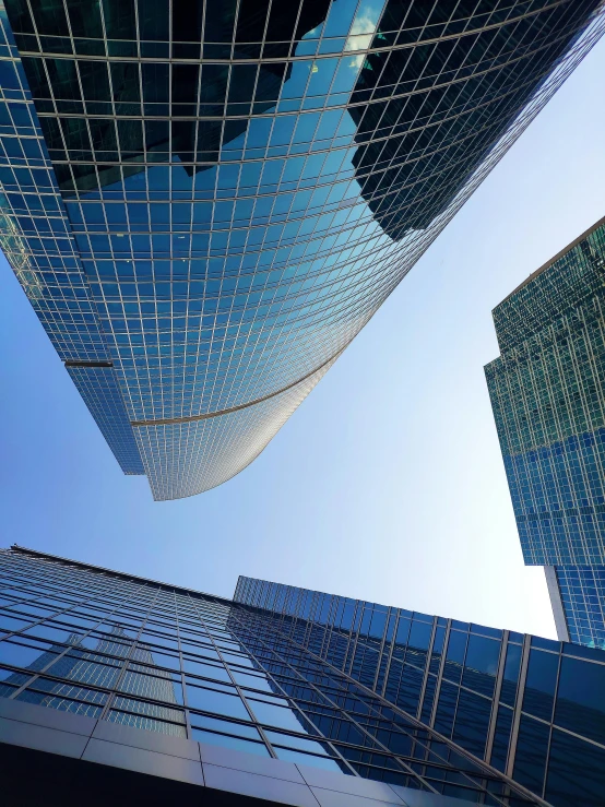 a wide angle view of some high rise buildings