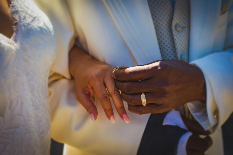 the bride and groom are holding hands in a hug