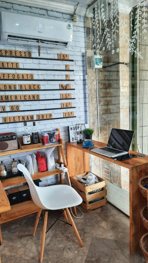 wooden furniture is arranged with wooden signs in the background