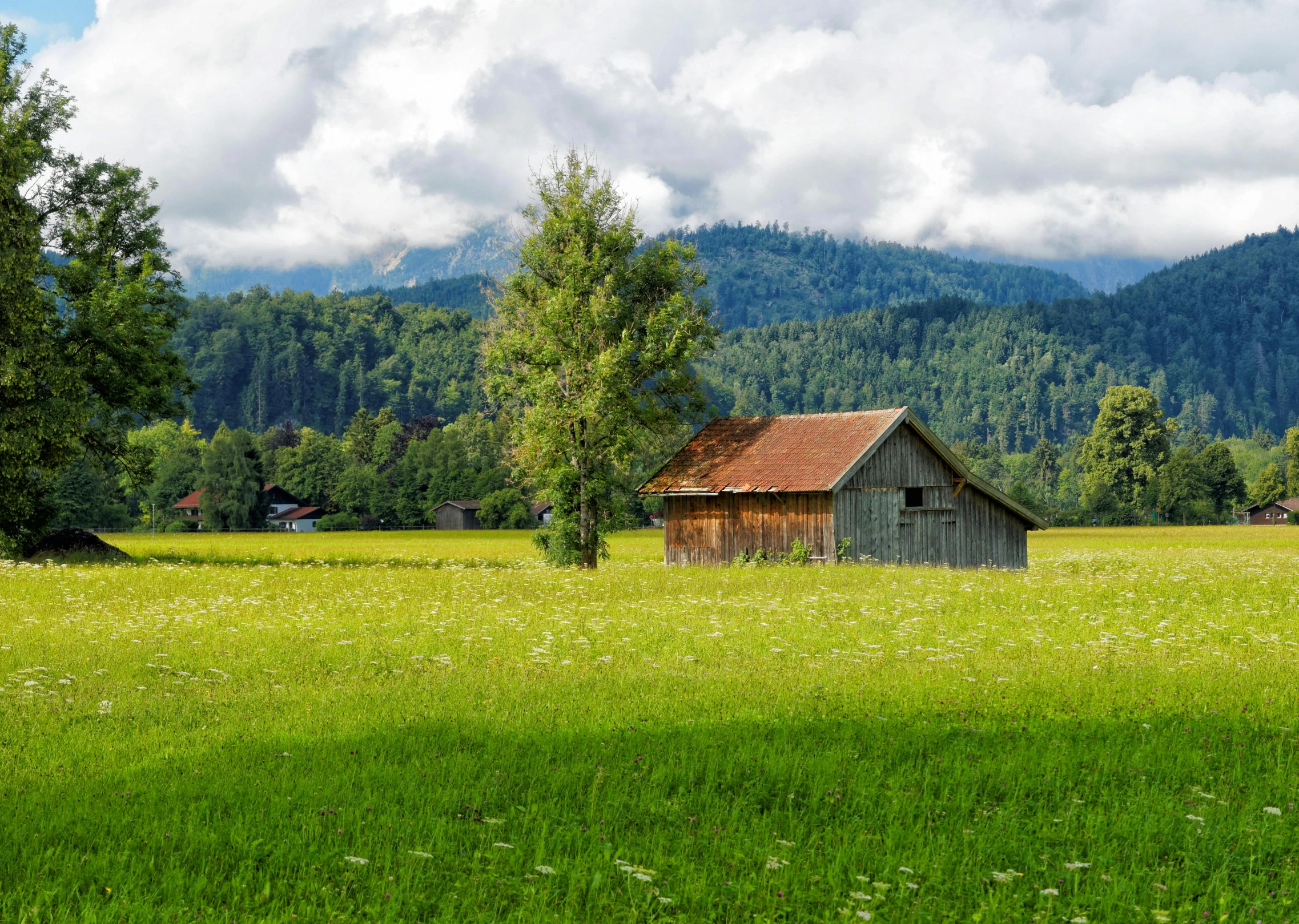 a barn in the middle of a field