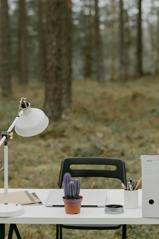 an outdoor computer and laptop desk set up for work