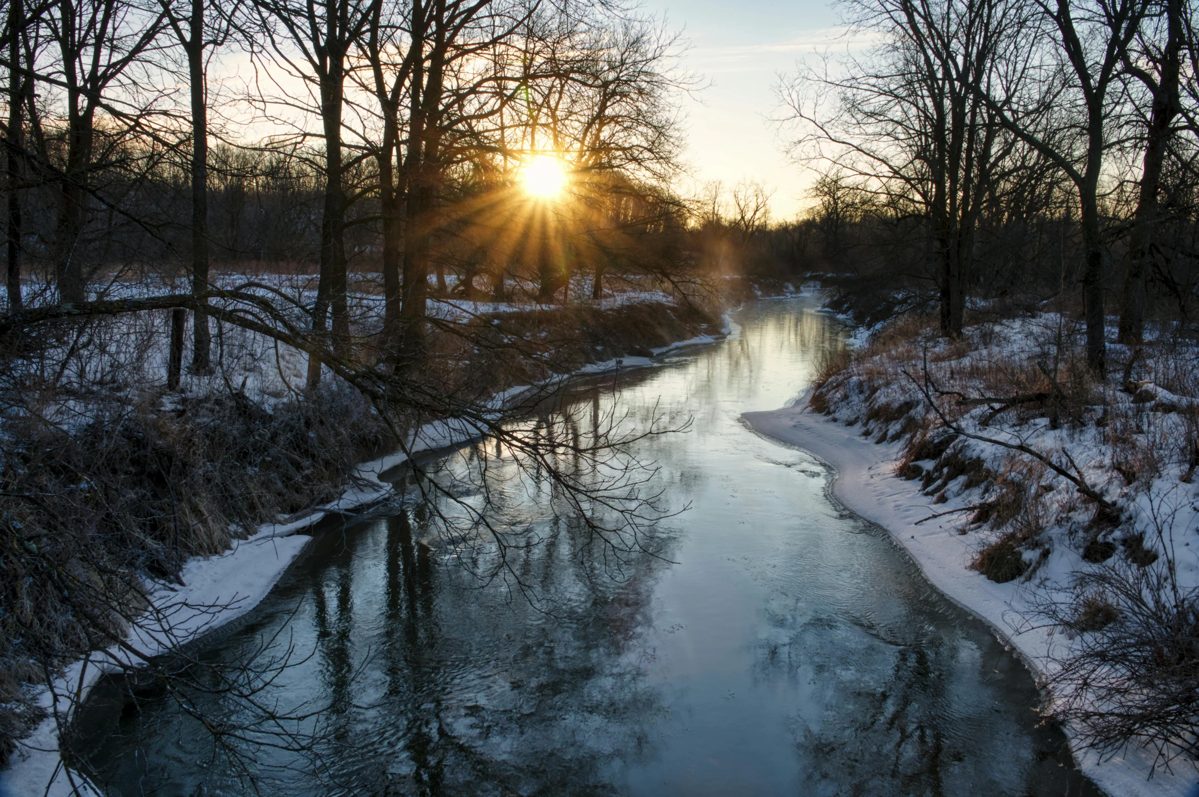 the sun is shining through some trees over a body of water