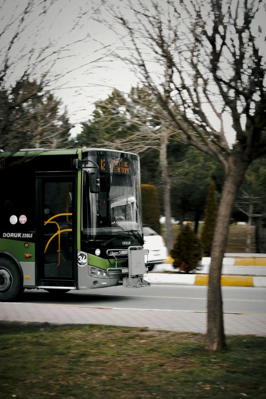 a black and green bus driving down a street