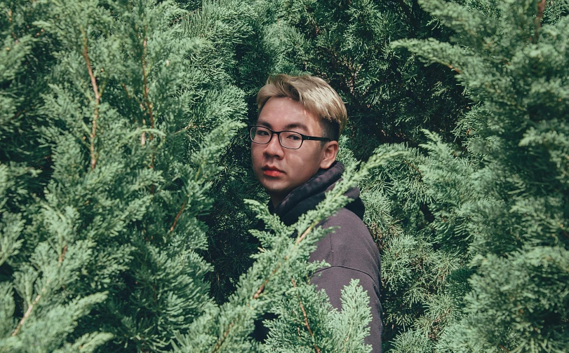 a young man in glasses looking through plants