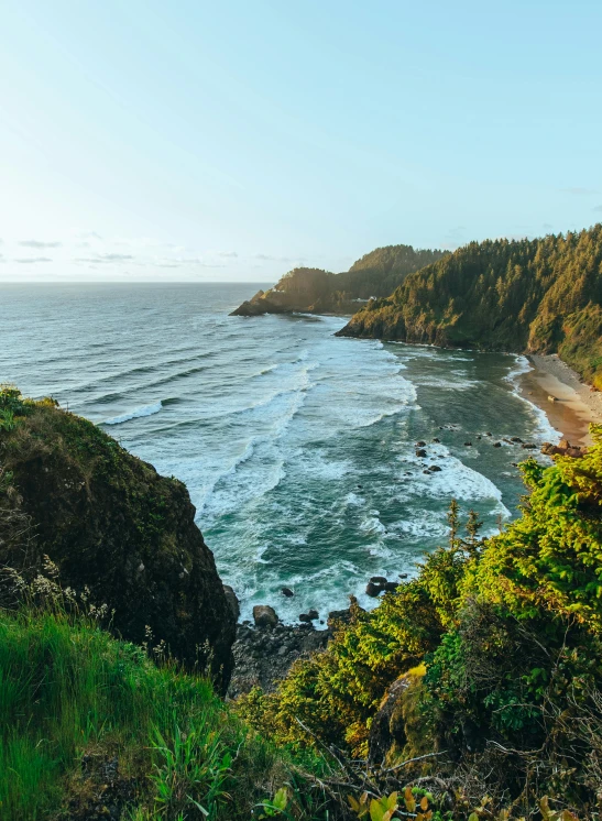 a scenic picture of the ocean and coastline from the hills