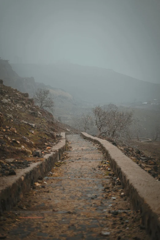 a lonely cobblestone street winds through the barren plains