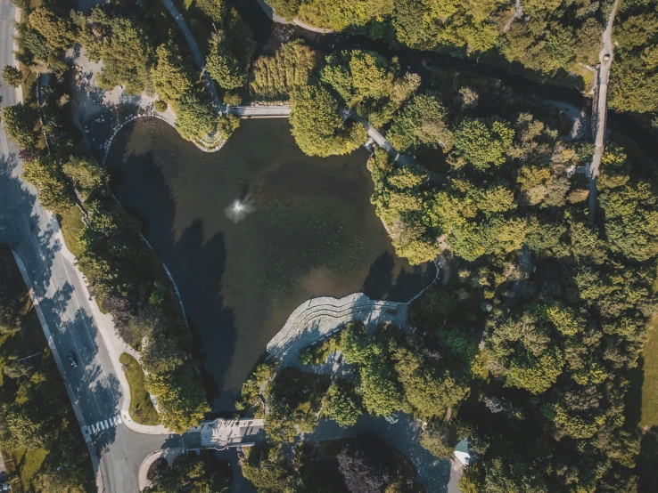 an overhead view of trees, a pond and roads