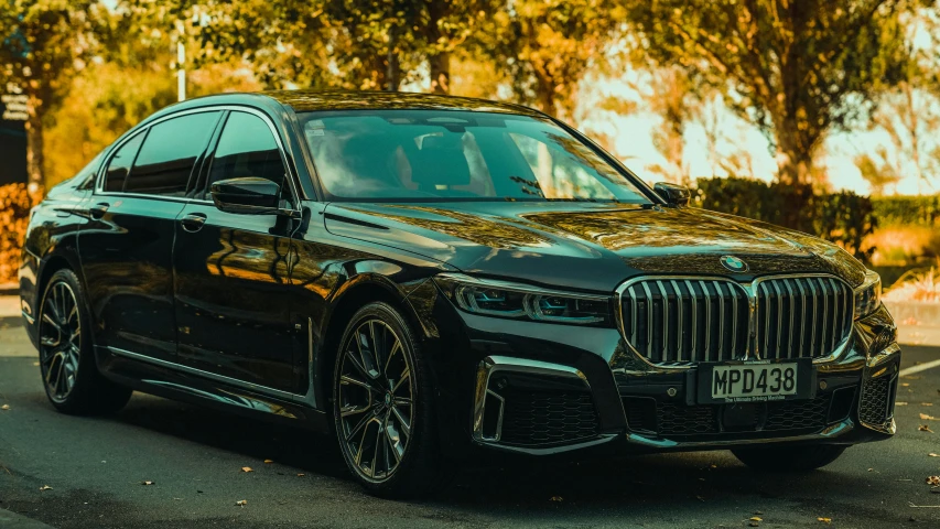 the car is driving on a street lined with lots of trees