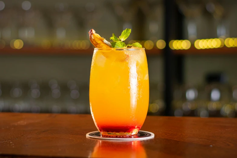 an orange drink with lemon garnish on the rim