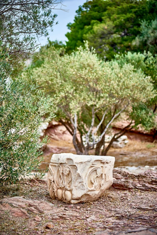 an odd shaped concrete object in front of some trees