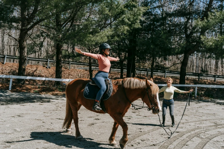 two women stand next to a brown horse in an enclosure