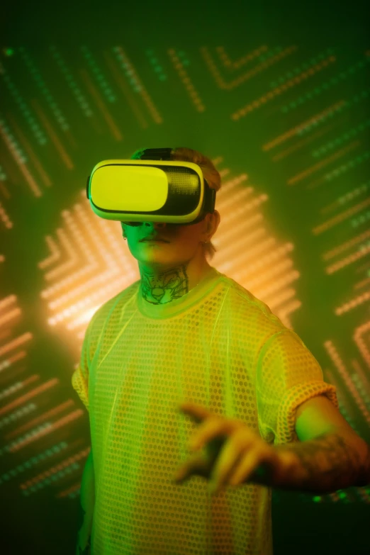 a man wearing a vro headset is standing in front of some colorful light