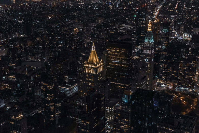 an aerial view of the city skyline at night