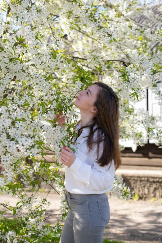 a woman standing near a tree with white flowers