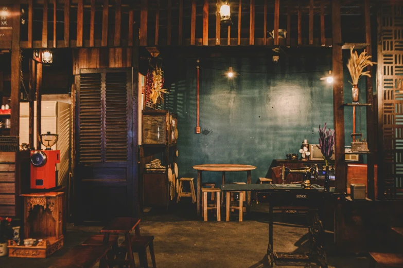 a small dark room filled with wooden furniture