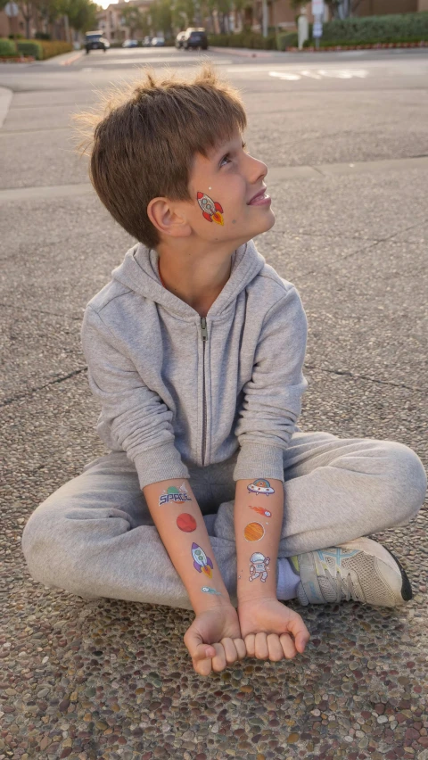 a boy wearing many different tattoos on his arms