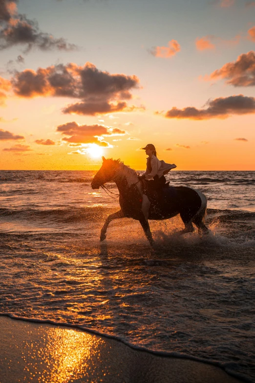 a person riding a horse through the water at sunset