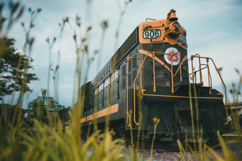 a train traveling down tracks next to tall grass