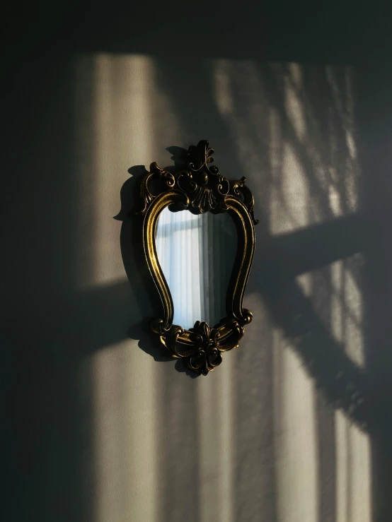 an ornately gilded wall mounted mirror sitting on a white wall