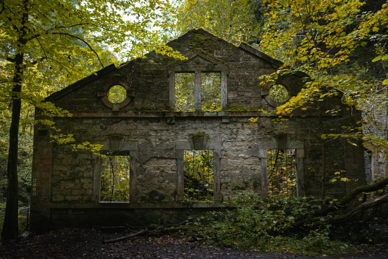 an old building in the middle of a forest