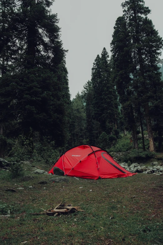 a red tent is set up in the woods