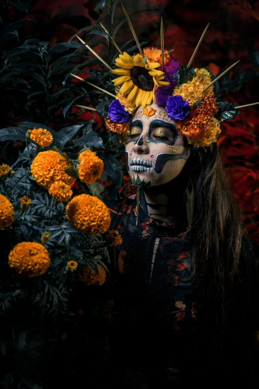 a woman with flowers in her hair is shown