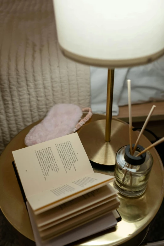 some small books and knitting needles sit on a table