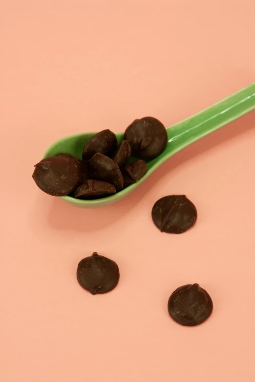 some chocolate covered cookies on top of a spoon