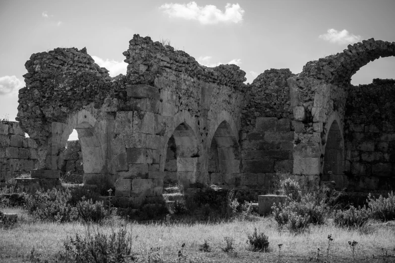 a black and white po of ruins on land