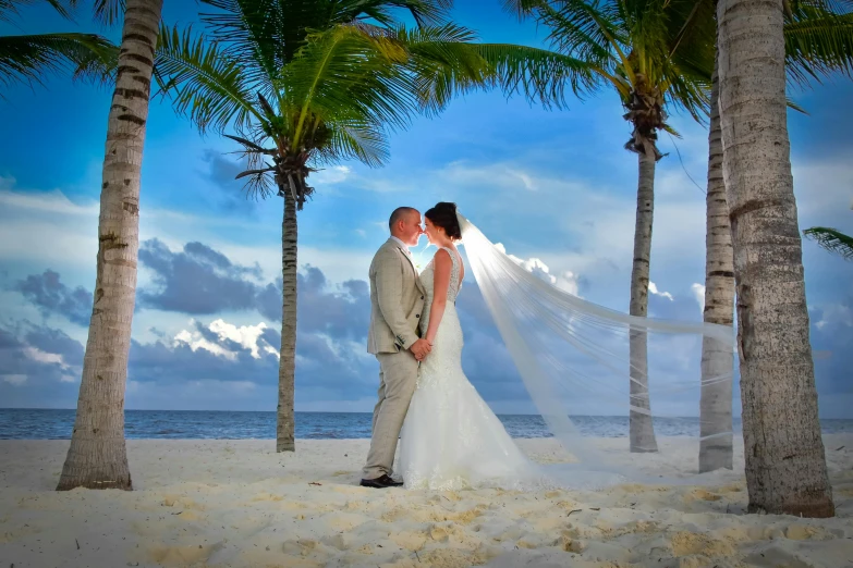 the bride and groom are in front of their wedding veil