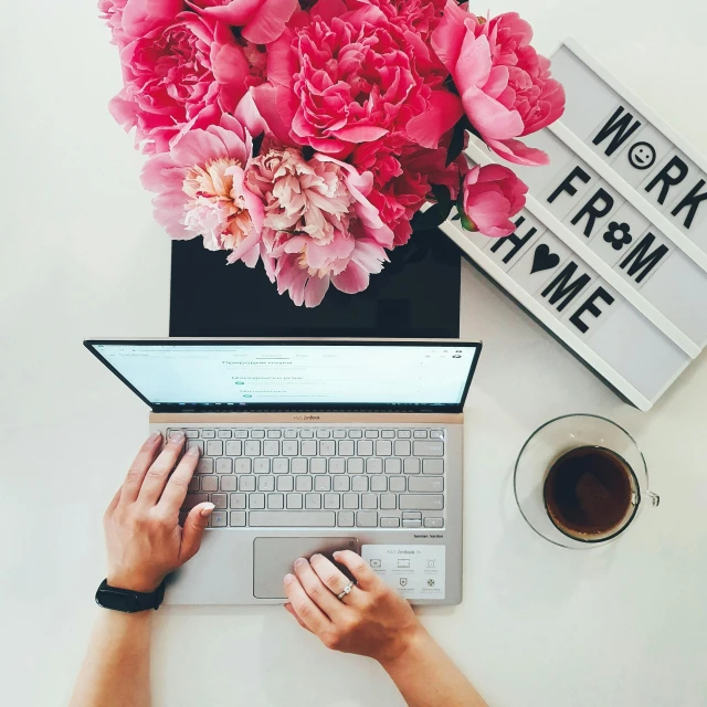 two people using their laptops, next to a flower vase